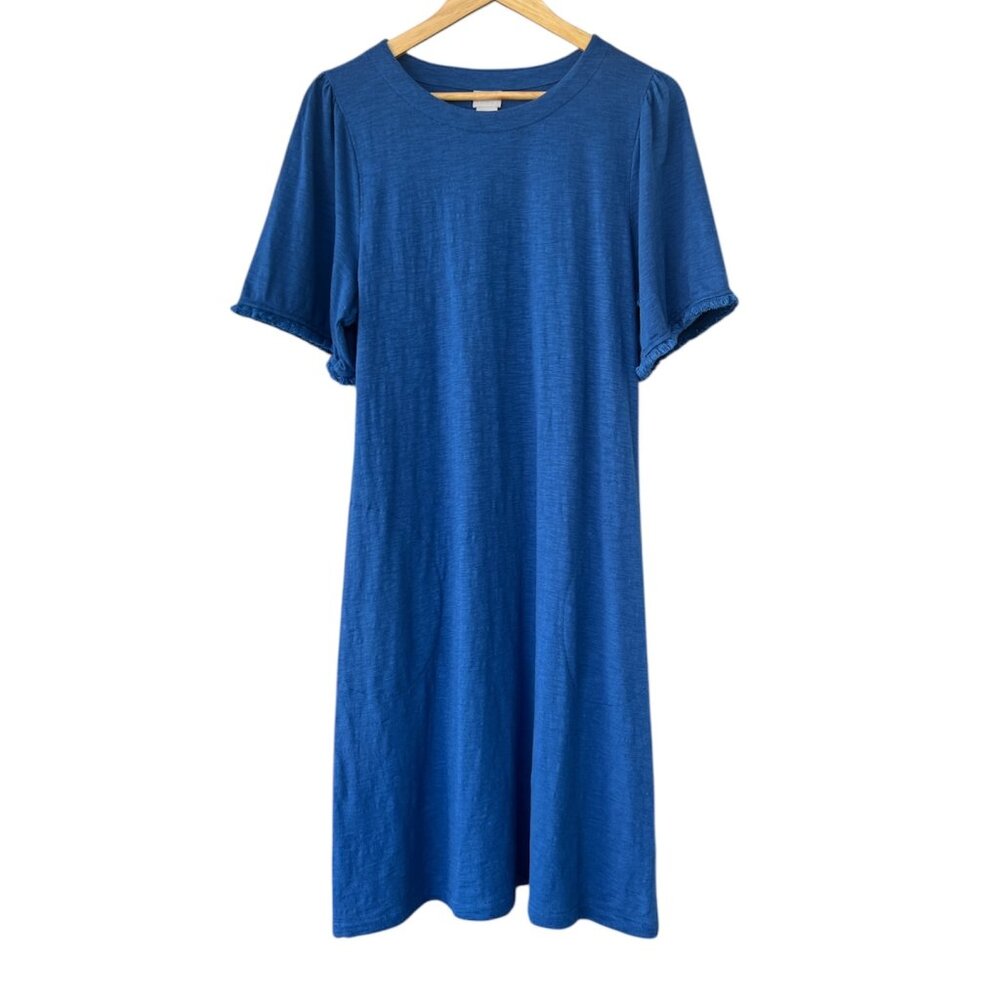 Chico’s Dress Size 8/10 Tulip Sleeve Fringe Knee Length Pockets Blue